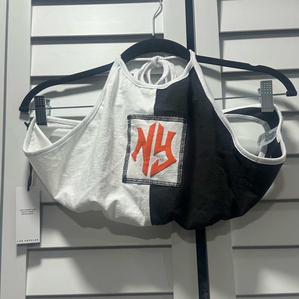 NWT Spirit Jersey Blocked NY Crop Halter Top Size Large 90s Inspired Retro